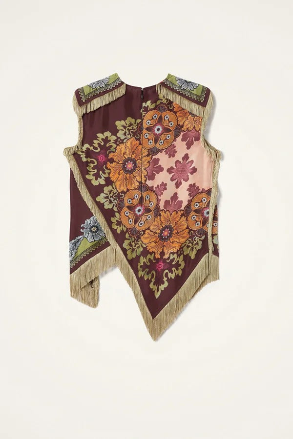 Stunning Floral Print Asymmetric Tassel Trim Scarf Top