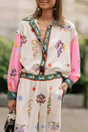 Artistic print collared shirt and wide-leg pants two-piece set