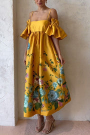 Sweetest Marigold Printed Gathered Sleeve Pocketed A-line Midi Dress