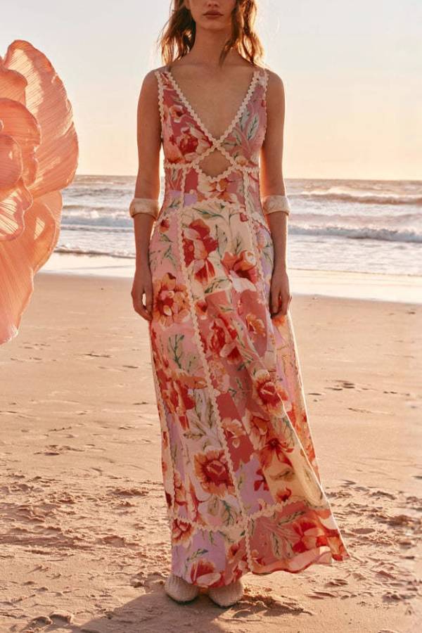 V‑Neck Cutout Lace Trim Floral Print Vacation Maxi Dress