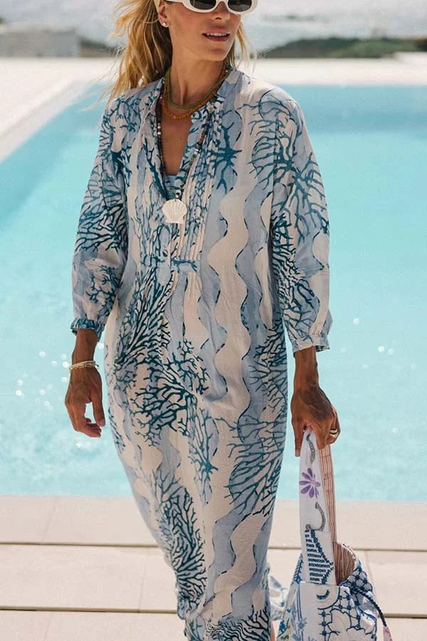 Quiet Sea Unique Print Pleated Neck Long Sleeve Slit Kaftan Maxi Dress