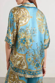 Floral Print Satin Shirt + Pants Casual Home Set
