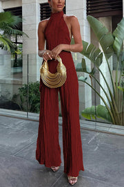 Charm and Charisma Texture Fabric Halter Neck Backless Tank and Elastic Waist Wide Leg Pants Suit