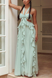 Gorgeous Vacation Halter Rose Detail Cut Out Ruffles Backless Maxi Dress