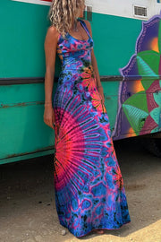 La Bamba Tie-dye Print Back Lace-up Stretch Maxi Dress