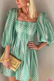 Summer Greens Linen Blend Ethnic Print Balloon Sleeve Back Tie-up Mini Dress