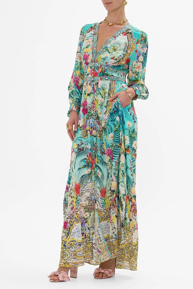 Printed V-neck Long-sleeved Puff Sleeve Waist Maxi Dress