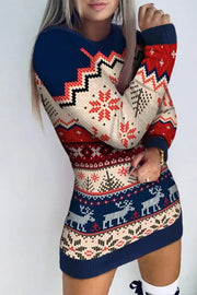 Christmas Reindeer Tree Print Long Sleeve Dress