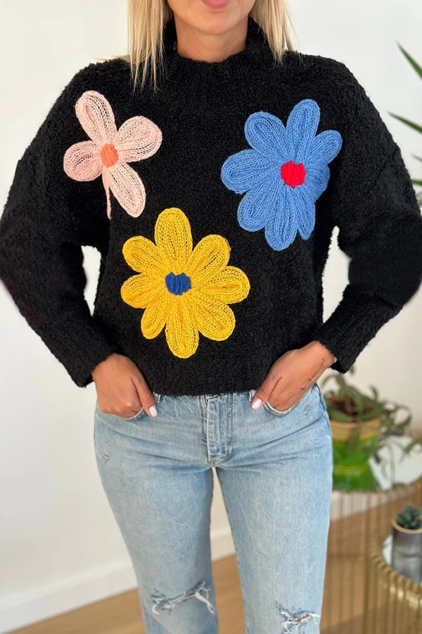 Sun Kissed Knit Colorful Floral Turtleneck Pullover Sweater