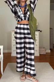 Classic Check V-Neck Top & Pants Two-Piece Set