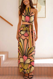 Unique Print Halter Neck Waist Tie Holiday Maxi Dress