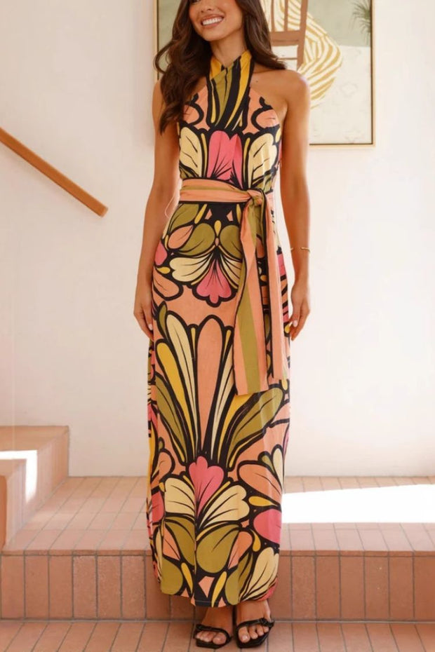 Unique Print Halter Neck Waist Tie Holiday Maxi Dress