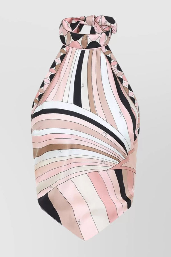Anzio Satin Unique Print Halter Tie-up Tank and Irregular Hem Mini Skirt Set