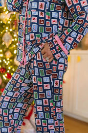 Postcards To Santa Unique Print Ruffles Trim Pocket Shirt and Elastic Waist Pajama Set