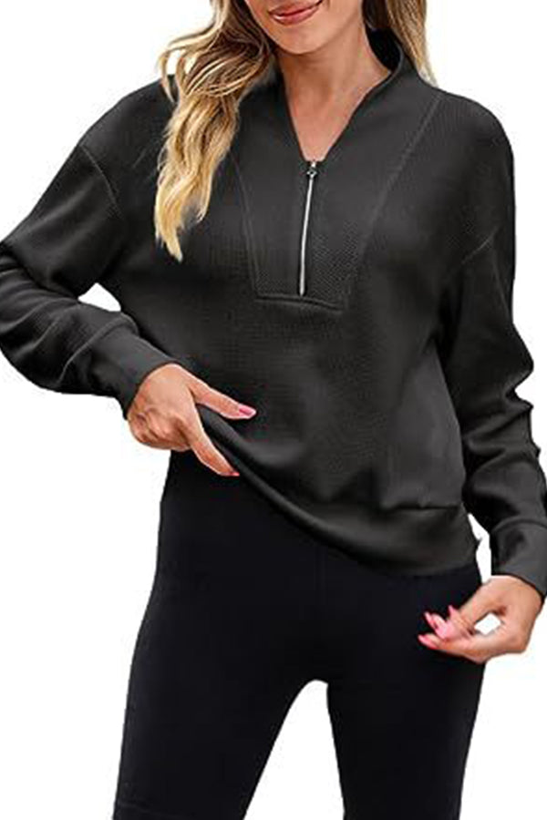 Waffle zipper V-neck pullover long-sleeved sweater