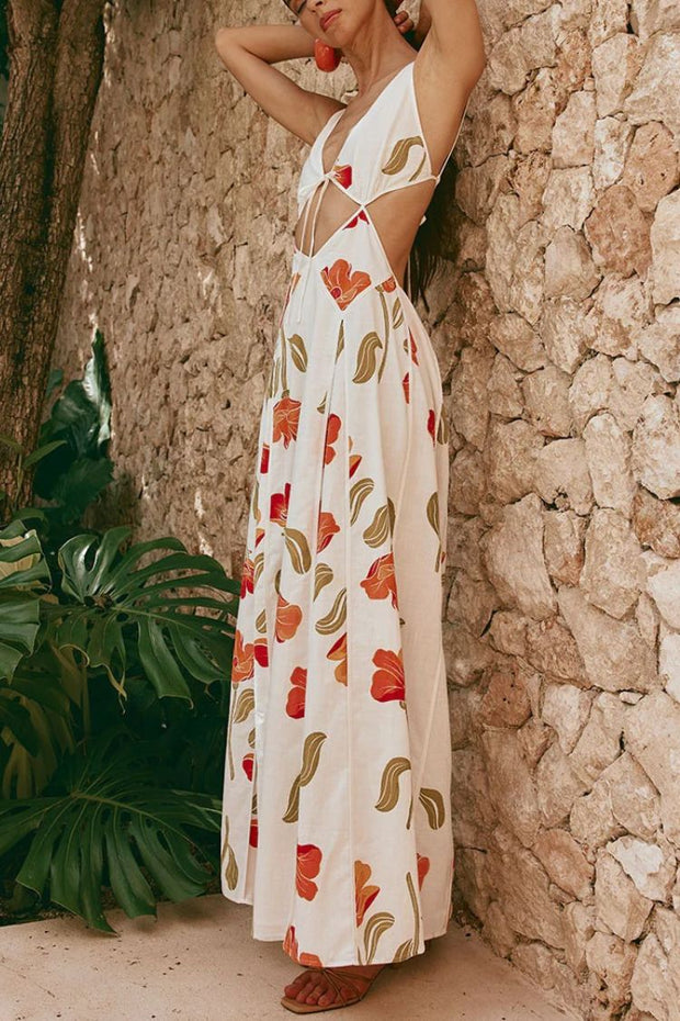 Eliska Linen Blend Poppy Print Cutout Contrast Trim A-line Maxi Dress