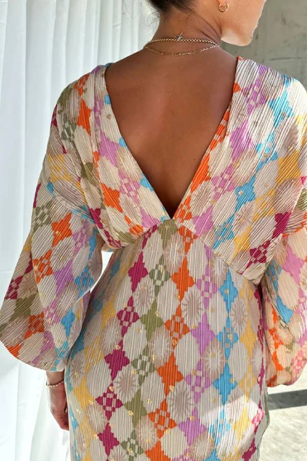 Elegant Printed V-neck Lantern Sleeve Dress