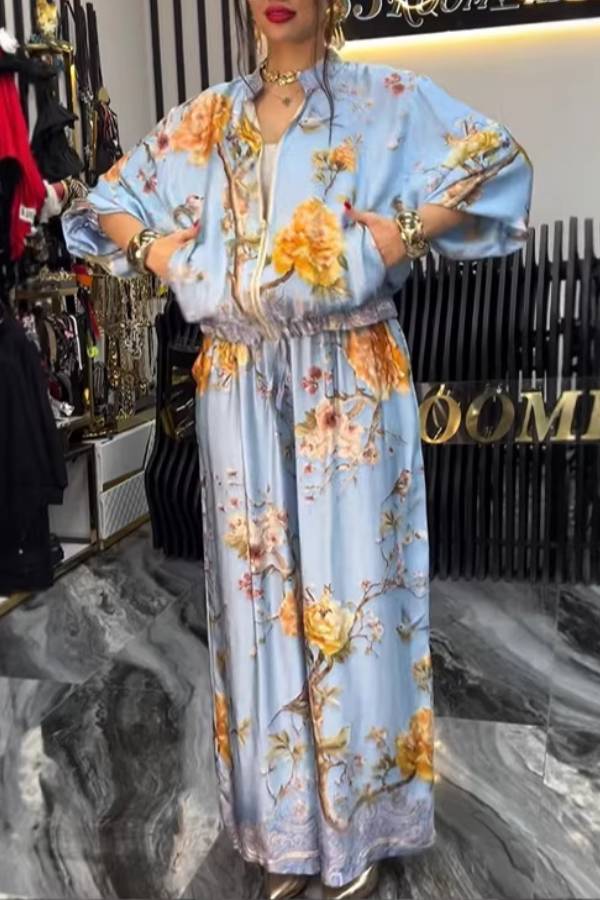 Light Blue Floral Print Zip Top & Wide Leg Pants Set