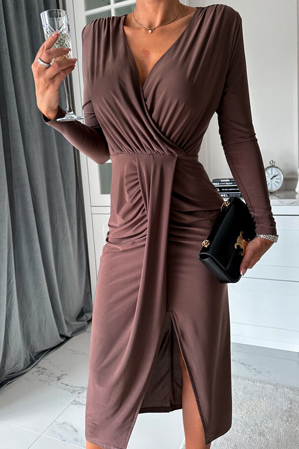 Miaoih Slim Fit V Neck Pleated Long Sleeve Midi Dress