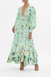 Art Print V-Neck Waisted Palace Style Maxi Dress