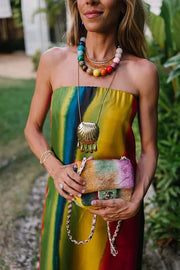 Artistic Rainbow Satin Watercolor Print Off Shoulder Pocketed H-line Maxi Dress