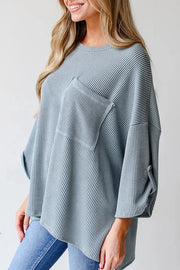 Kpion Pocket Crew Neck Button Down Long Sleeve Top