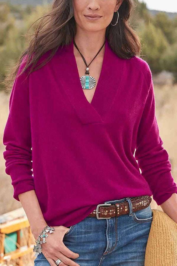 V-neck pullover solid color loose long-sleeved top