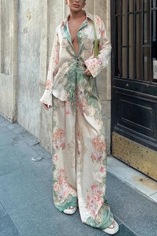 Antibes Satin Court Unique Printed Long Sleeve Loose Shirt and Elastic Waist Pants Set