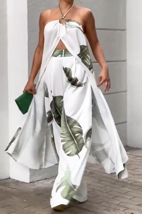 Printed Halter Neck Slit Top and Track Pants Two Piece Set