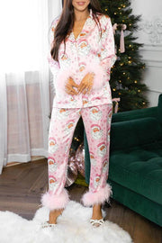 Christmas-themed satin feather-trimmed pajama set