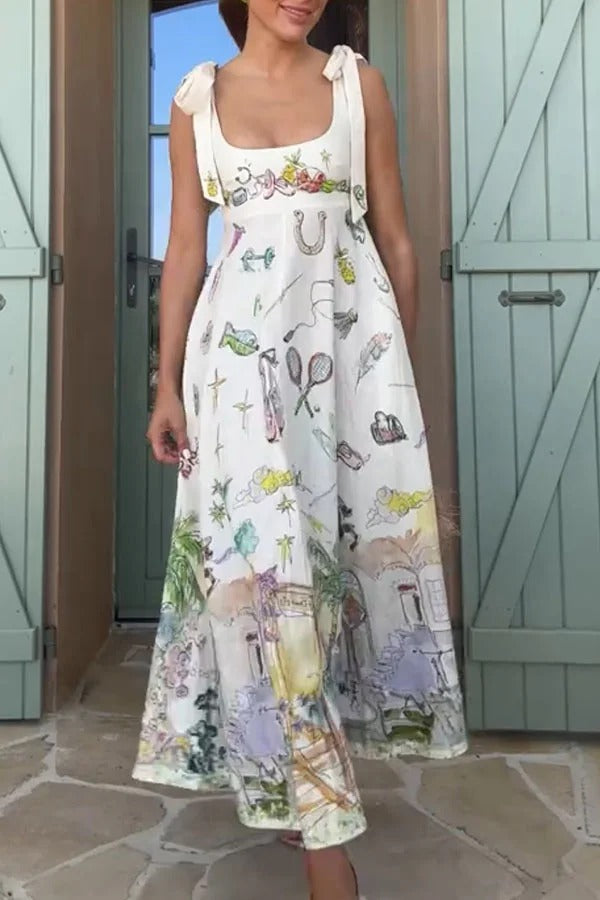 Euro Summer View Linen Blend Unique Print Tie-up Straps Pocket Midi Dress