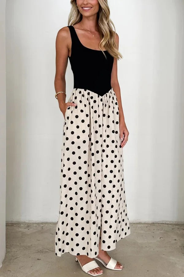 Black and White Color-blocked Polka Dot Print Sleeveless Casual Pocket Maxi Dress