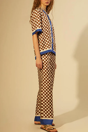 Unique Checkerboard Print Blue Stripe Patchwork Loose Top