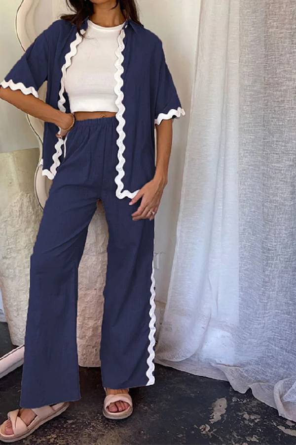 Casual Solid Color Shirt and Pants Suit