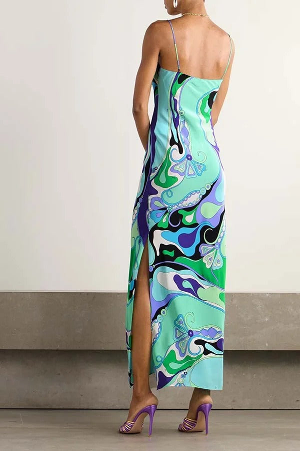 Sunny Horizon Unique Print V-neck Slit Slip Maxi Dress