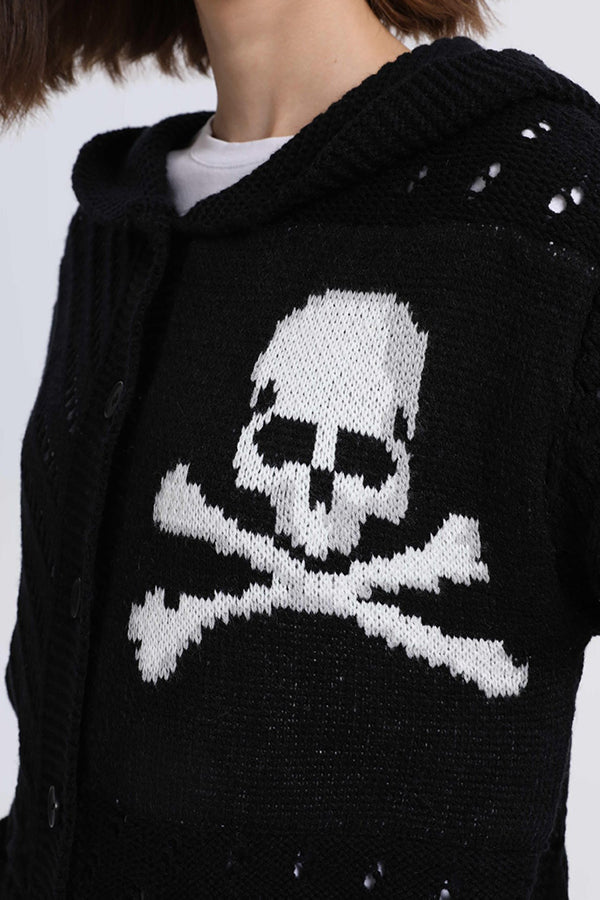 Hollow long-sleeved Halloween skull knitted cardigan with pockets