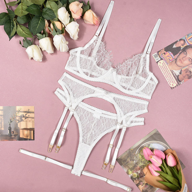 Sexy bra see-through lace pearl decorated sexy lingerie 4-piece set