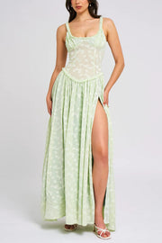 Ulissa Light Green Square Neck Jacquard Textured High Slit Maxi Dress