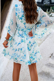 Printed V-neck lantern sleeve fitted waist dress