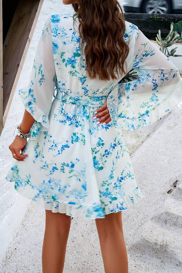 Printed V-neck lantern sleeve fitted waist dress