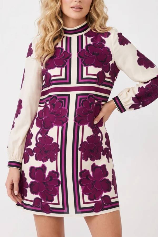 Geometric Floral Mock Neck Shift Dress