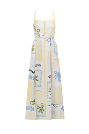 Linen Blend Unique Print Contrast Yellow Back Tie-up Strap Maxi Dress