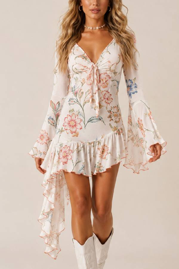 Floral Print V‑Neck Bell Sleeve Asymmetrical Train Mini Dress