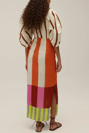 Kaya Linen Blend Color Block Print Front Cutout Knot Puff Sleeve Maxi Dress