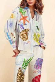 Dream Ocean Satin Unique Print Button Down Pocket Oversized Blouse