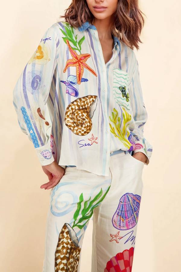 Dream Ocean Satin Unique Print Button Down Pocket Oversized Blouse