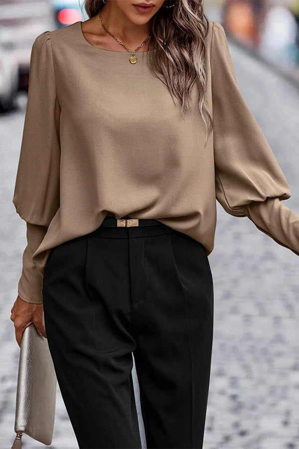 Brown Basic Leg-of-mutton Sleeve Round Neck Blouse