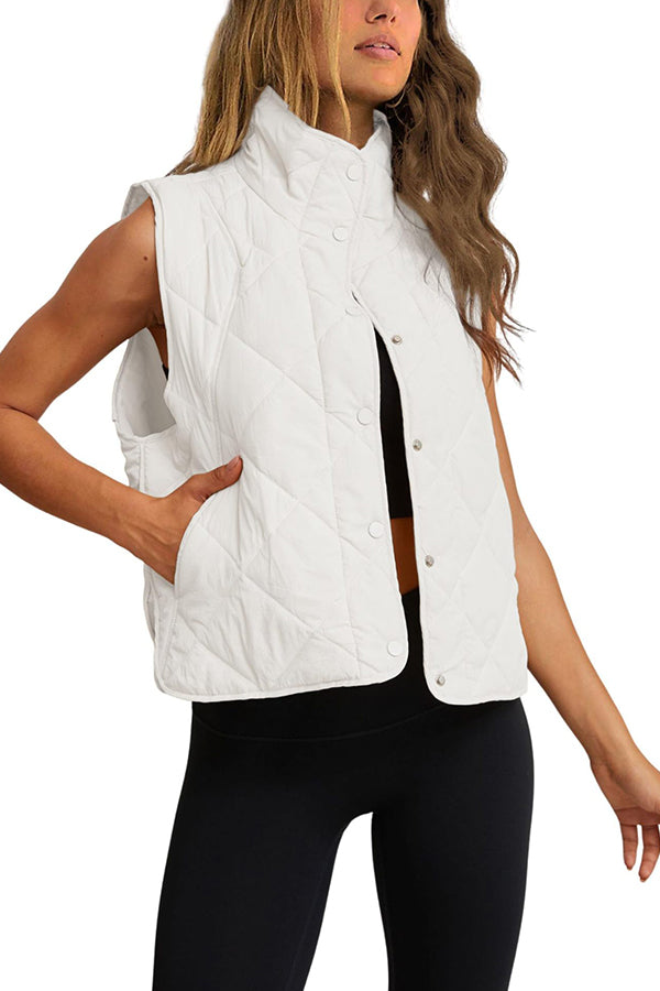 Quilted cotton stand-collar lightweight button-up vest