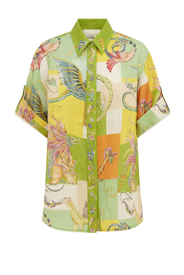 Dragon Family Linen Blend Printed Button Down Oversized Blouse