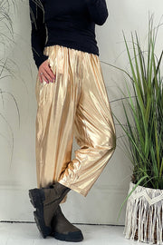 First and Fabulous Metallic Elastic Waist Pocketed Straight Leg Pants